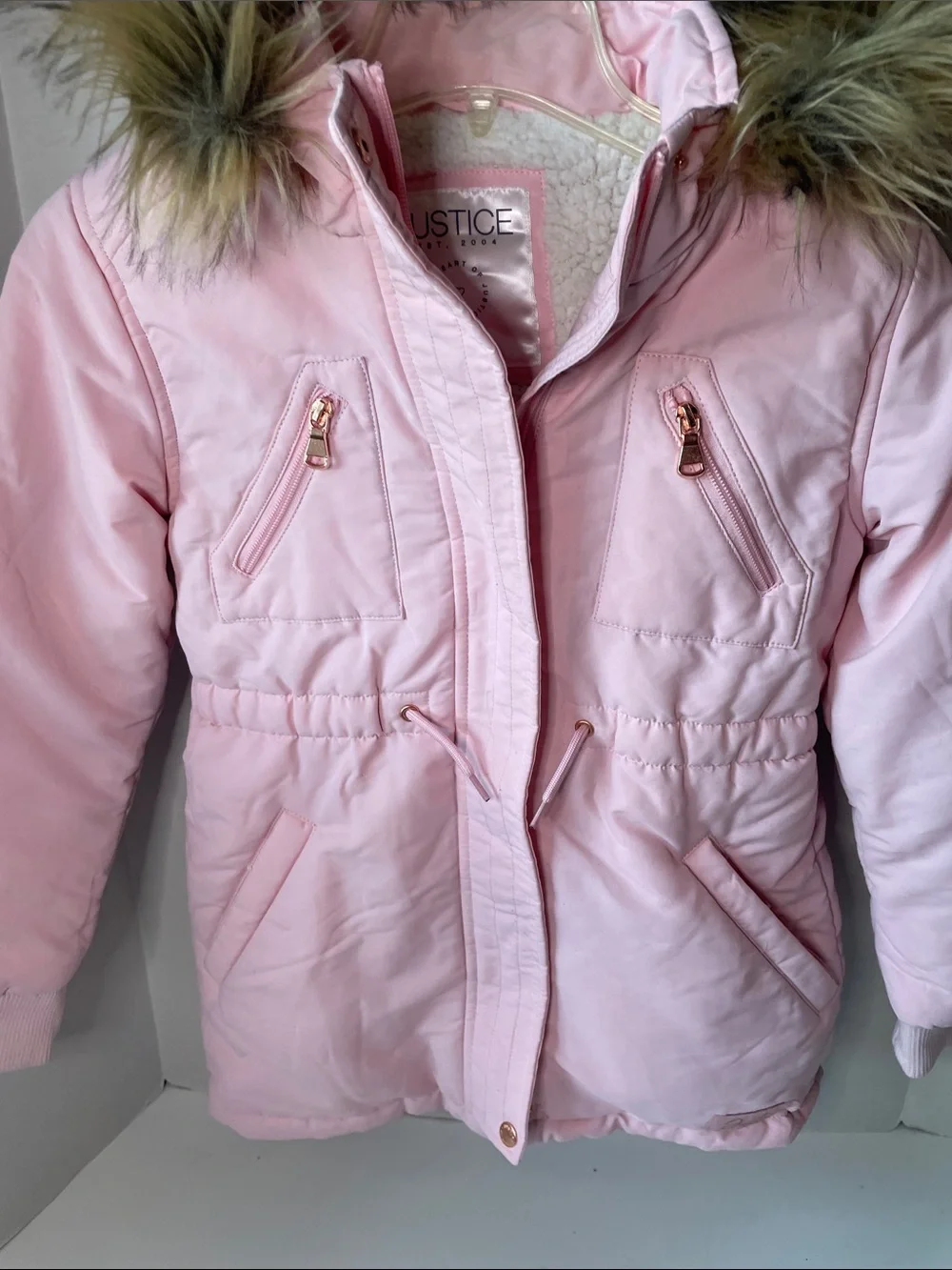 Justice Youth Size Medium 10 Light Pink Faux-Fur Removable Hooded Puffer Coat